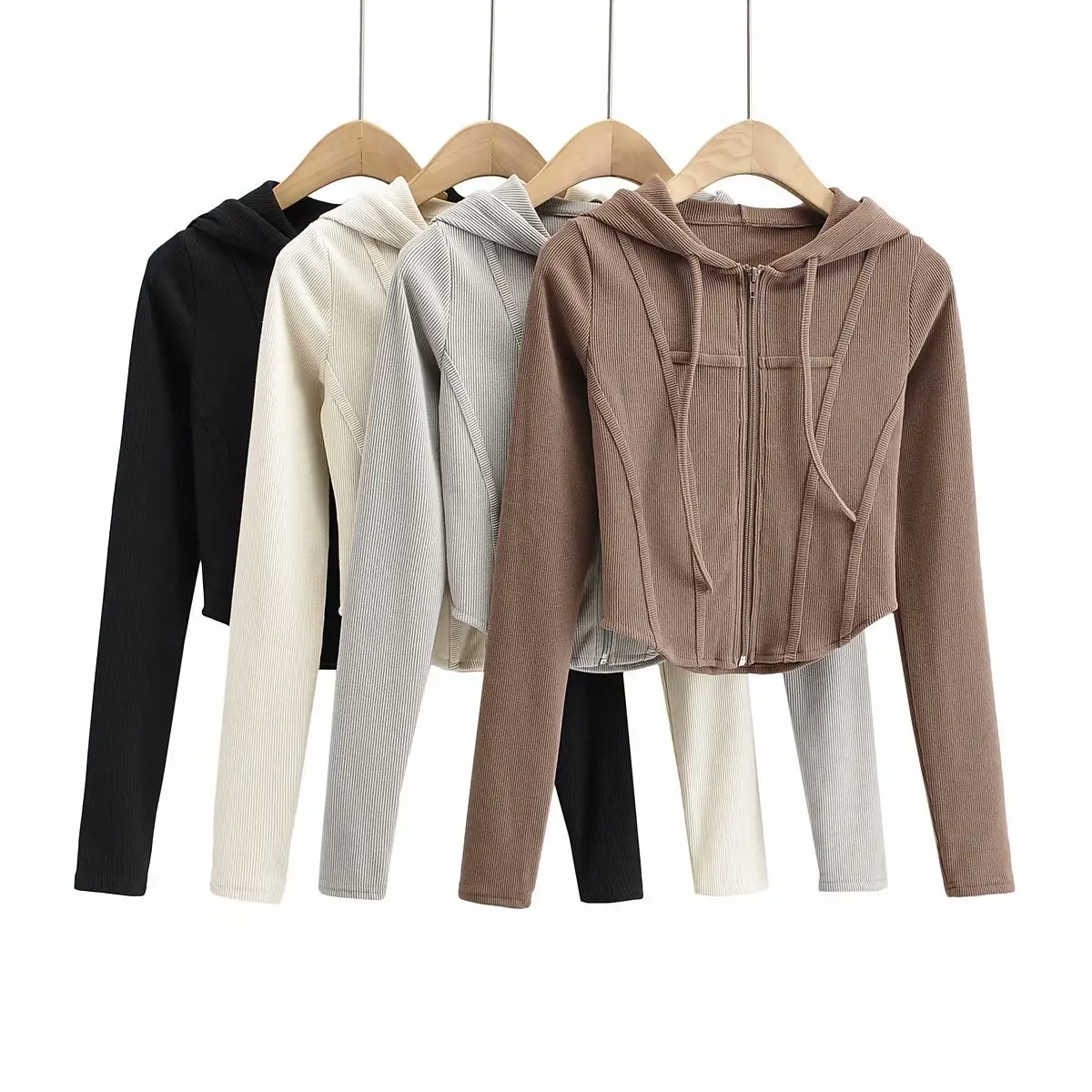 Cárdigan con capucha de manga larga para mujer, Sudadera con capucha de Panel múltiple, cremallera, Parche de cordón doble, Top corto, sudaderas con capucha