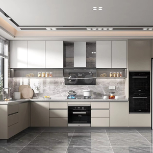 Isola <span class=keywords><strong>per</strong></span> Cucina in Laminato Personalizzata con Rubinetto, <span class=keywords><strong>Mobile</strong></span> Modulare a Parete, <span class=keywords><strong>Dispensa</strong></span>, Armadietti Laccati Grigi in Vendita - Product Image 1