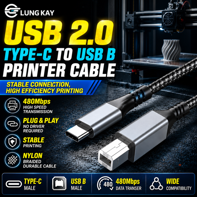 Professional USB Type C to USB B 2.0 Printer Cable Nylon Braided Controller Scanner Cord 480Mbps for Office Printing Scanning