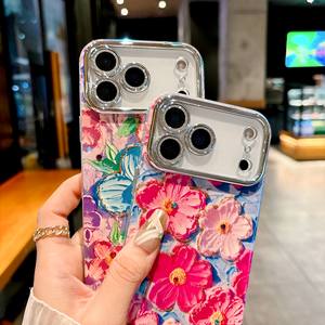 Pintura al óleo impresa flor láser diamantes de imitación patrón brillante cubierta del teléfono para iPhone 17 - Product Image 4