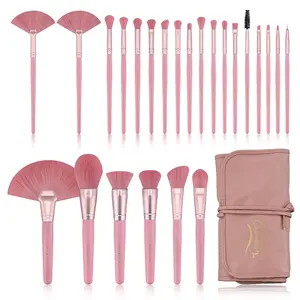 New 24Pcs High Quality Professional Rose Gold Pink Black Luxury Wood Handle Fan Foundation Powder Makeup Brushes Kit With Bag