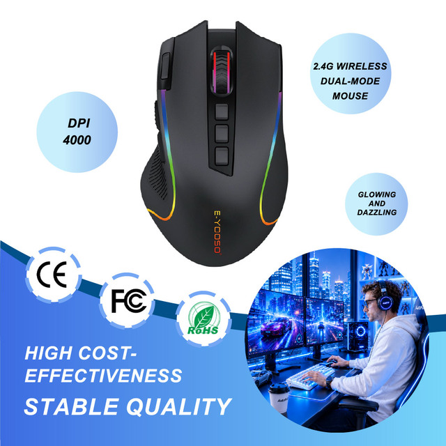 Ergonomic Tri-Mode Gaming Mouse with RGB Backlight, Rechargeable Programmable Design, 2.4GHz Wireless and Wired Modes