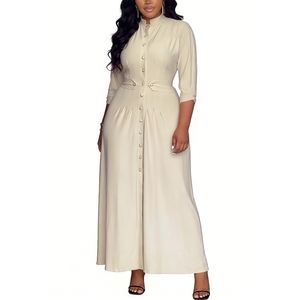 เดรสยาวคอตั้งติดกระดุมสำหรับผู้หญิง - ชุดเดรสออกงานสไตล์วินเทจแฟชั่น - Product Image 1