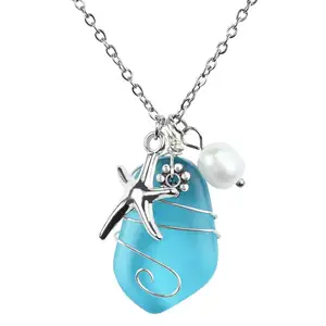 Seeglas-Halsband Drahtgewickelte Strand-Halsbänder mit Seesternen-Anhänger handgefertigte Halsketten Geschenk für Damen Mädchen