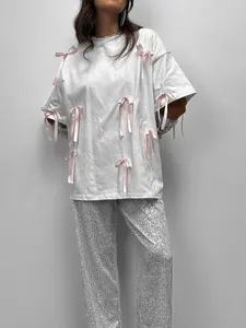 Camiseta de manga corta de gran tamaño con lazo para mujer, camiseta de diseño único con lazo de primavera/verano para mujer