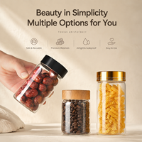 Bouteilles en verre transparent en gros avec couvercles en bois noir et or, logo personnalisé pour le stockage d'aliments, de bonbons, de grains de café, de capsules