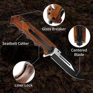 Couteau de poche pliable tactique de survie EDC de haute qualité en acier inoxydable avec manche en bois, brise-vitre et coupe-ceinture - Product Image 5
