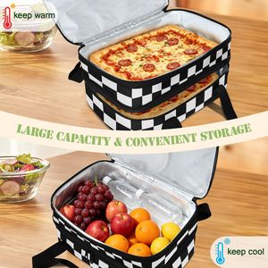 OEM Custom Black Checked Design 2-layer Insulated Food Bag Hawaii Double Casserole Pans Pizza Carrier Cooler Bag for Picnic - Product Image 5