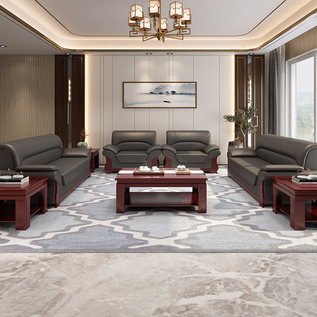 Business-style Solid Wood Reception Sofa, Modern Chinese Design, Three-seater Genuine Leather Office Set for the Living Room