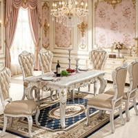 Ensemble de table à manger en marbre européen, chaises en bois massif sculptées à la main, revêtement en cuir capitonné, meubles de salle à manger de luxe pour villa