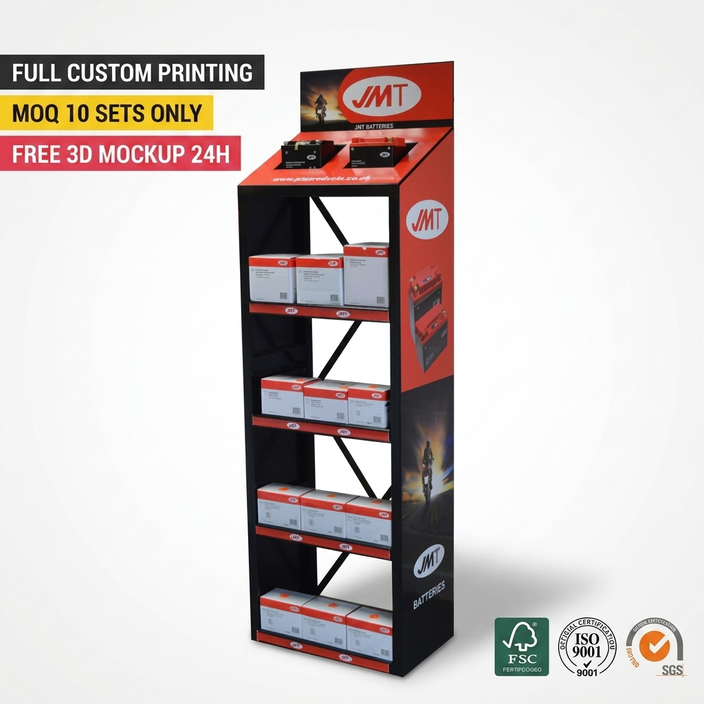 Heavy Duty Metal Floor Standing Retail Display Rack for Battery Custom Branded POP Display Stand for Auto Parts Store