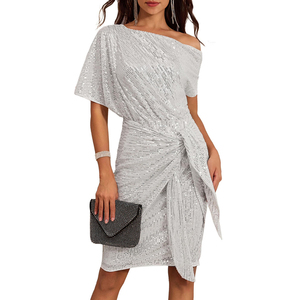 Nuovi abiti da donna alla moda con paillettes Sexy a <span class=keywords><strong>maniche</strong></span> <span class=keywords><strong>corte</strong></span> da donna tinta unita a matita aderente abito da sera abito Midi da sera - Product Image 1
