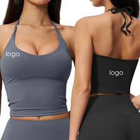 Tank Top Halter OEM/ODM dengan Tali, Tanpa Punggung, untuk Olahraga, Bra Activewear dengan Tali yang Dapat Disesuaikan, Bahan Lembut, Logo Custom