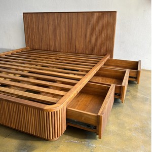 Mid-Century Modern Solid Teak Wood Platform Wall <b>Bed</b> Frame King <b>Size</b> Fluted Storage Drawers Hand Eco-Friendly Fluttedstorage Mid - Product Image 5