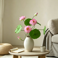 Tige de lotus artificielle en EVA au toucher réel, bourgeon de feuille de lys d'eau artificiel fait main, ornement floral blanc et rose pour vase zen asiatique et décoration de table