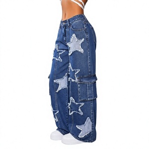 Pantalon cargo en jean taille haute déchiré avec appliqué étoile, bords effilochés, coupe ample, style streetwear, longueur intégrale, fermeture boutonnée - Product Image 6
