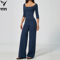 Nouveaux ensembles de sport 2 pièces pour l'automne : hauts à manches courtes et pantalon large pour la gym, le yoga, le pilates et l'entraînement, avec logo personnalisé