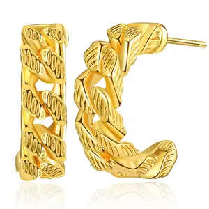 WT-JFE100 Fold Exquisite Hollow Chain 18k gold plated Copper plating C Shaped hoops fashion studs Earring findings