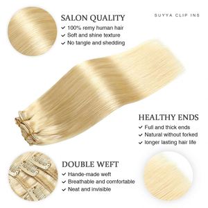 Extensions de cheveux à clips de qualité salon, cheveux Remy blonds, 7 pièces, cheveux vierges à cuticules intactes, extensions de cheveux à clips, cheveux humains véritables - Product Image 4
