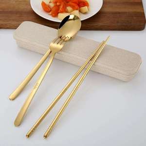 <span class=keywords><strong>Set</strong></span> di posate da campeggio in acciaio inossidabile ecologico in stile coreano, portatile, con cucchiaio, forchetta, bacchette e custodia. - Product Image 6