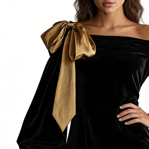 <span class=keywords><strong>Abito</strong></span> <span class=keywords><strong>Mini</strong></span> in Velluto con Spalle Scoperte e Dettaglio Fiocco Dorato, Maniche a Campana, Vestito da Cocktail per Donna, Abbigliamento Femminile Sehe Fashion - Product Image 5