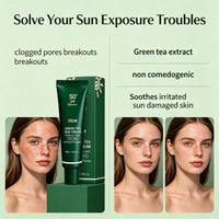 Crème solaire apaisante à l'extrait de thé vert |   Protection complète UVA/UVB, soulage la peau irritée et endommagée par le soleil, sans obstruction des pores ni éruptions cutanées