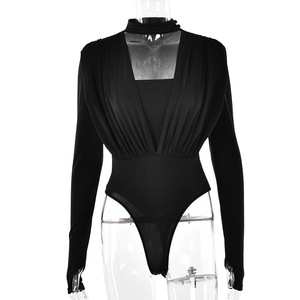 Body rouge à manches longues pour femmes, col en V, plissé, tricoté extensible, pour soirée - Product Image 5