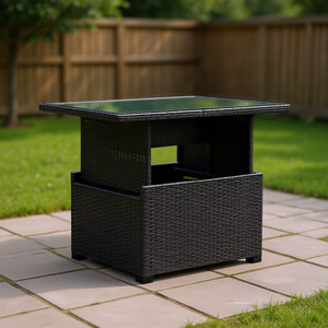 Mesa de Exterior de Ratán Sintético Negro con Cubierta de Vidrio Templado, Estructura de Acero, Diseño Moderno, Muebles de Jardín - Product Image 2
