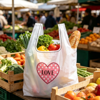 Sacs en plastique épais blancs à pois roses et imprimé cœur LOVE pour T-shirts, sacs d'emballage pour produits frais à emporter et courses