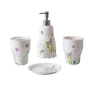 Ceramic Bathroom Accessories Shiny White Color With Plant Design Ceramic Bath Set for Home
