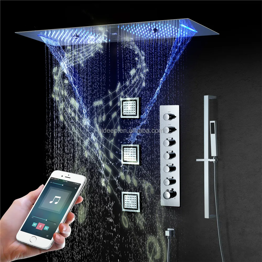 Belushideep — ensemble de robinets de douche Led 36x12 pouces, avec haut-parleur musical, douche à effet pluie, buée, plafond, salle de bains, ensemble de robinets thermostatiques