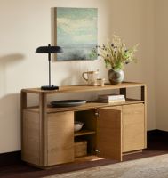Console de rangement moderne minimaliste en bois massif, table d'entrée à 4 portes avec étagère ouverte pour salon