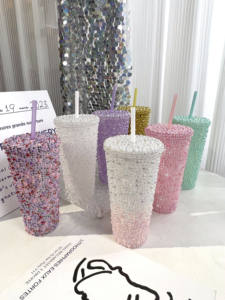 चमकदार मोती टुम्बलर हल्के वजन राइनस्टोन पानी की बोतल लिड सीधे आकार - Product Image 2