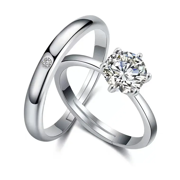 2 개/세트 트렌디 빛나는 큐빅 지르콘 다이아몬드 결혼 반지 925 실버 오픈 조절 가능한 커플 반지 발렌타인 데이 선물