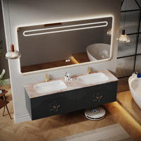 Meuble de salle de bain de luxe haut de gamme à double vasque avec lavabo en pierre frittée et miroir LED intelligent, meuble en bois de caoutchouc