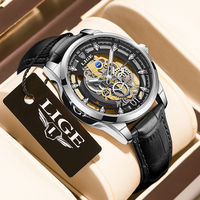 Reloj LIGE LG8997 de Cuero Negro Transparente para Hombre, Reloj de Hombre con Diseño Hueco, Reloj de Cuarzo para Negocios, Resistente al Agua, Deportivo, Casual, Cronógrafo
