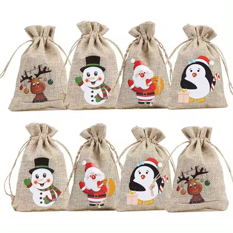 Eco Friendly Drawstrings Christmas Burlap Gift Bags With Snowman Printed
