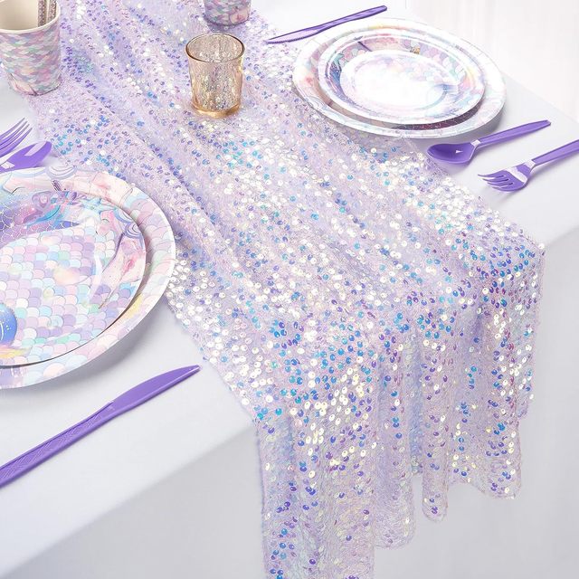 DAMAI Sequin Iridescent Table Runner 30*180 CM Purple Table Runners Sparkly Lavender Fabric Mermaid Party Decorations
