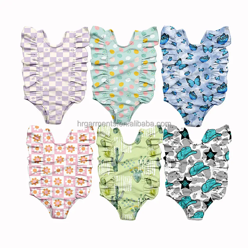 Best Selling Summer Girls Boutique Beachwear Baby Easter Eggs Pattern Children Ruffled Swimwear