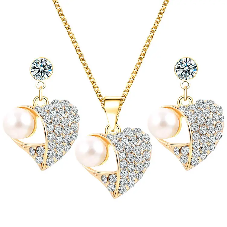 Latest Design Gold Diamond Shining Full Crystal Rhinestone Love Heart Necklace Stud Earrings Pakistani Bridal Pearl Jewelry Sets