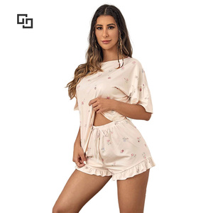<span class=keywords><strong>Ensemble</strong></span> <span class=keywords><strong>de</strong></span> pyjama à manches courtes <span class=keywords><strong>pour</strong></span> femme, imprimé Floral, Modal, épaules tombantes, nœud sur le devant - Product Image 1