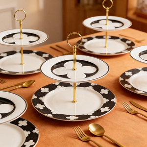 Plateau à dessert à 2 niveaux en porcelaine fine, motif floral ou géométrique, idéal pour la décoration et la présentation de table - Product Image 6