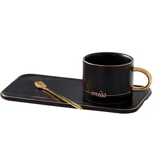 2020 New 220ml Black and White Nordic Style Ceramic Coffee Cup with Gold Handle Spoon and Saucer