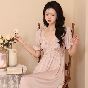 Ropa de Dormir de Seda para Mujer, Talla Grande, Pijama Sexy con Encaje, Camisón Largo con Mangas Cortas - Product Image 4