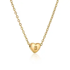 Simple 18K Gold Plated Stainless Steel Jewelry Kids Alphabet Pendant Small Mini Heart Initial Letter Necklace