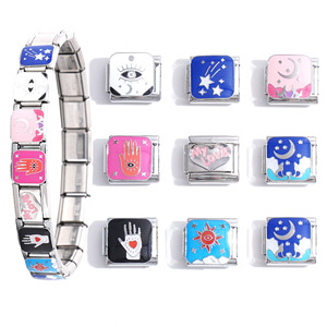 Italian Modular Bracelet Stainless Steel Square Charm Links With Star Moon Eye Hand Design For Unisex Gift - Product Image 1