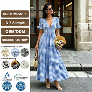 Vestido Azul a Cuadros para Mujer, Largo hasta la Rodilla, Cuello en V, Manga con Volantes, Estilo Casual para Vacaciones de Verano, Personalizable OEM ODM - Product Image 1
