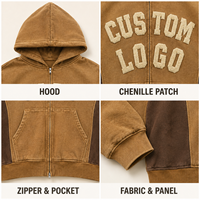 Sweat à capuche zippé color block personnalisé, veste à capuche entièrement zippée délavée, marque privée pour tenues streetwear vintage