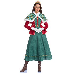 Vestido Medieval de Reina Europea para Mujer Adulta, Disfraz para Representaciones Escénicas, Verde y Rojo con Chal, Corona y Guantes - Product Image 4