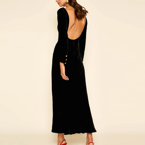 Abito Midi Elegante <span class=keywords><strong>Nero</strong></span> Liscio da Donna <span class=keywords><strong>con</strong></span> Spacco Alto e Maniche Lunghe, Design Personalizzato <span class=keywords><strong>con</strong></span> Schiena Scoperta - Il Più Venduto dai Fornitori - Product Image 3